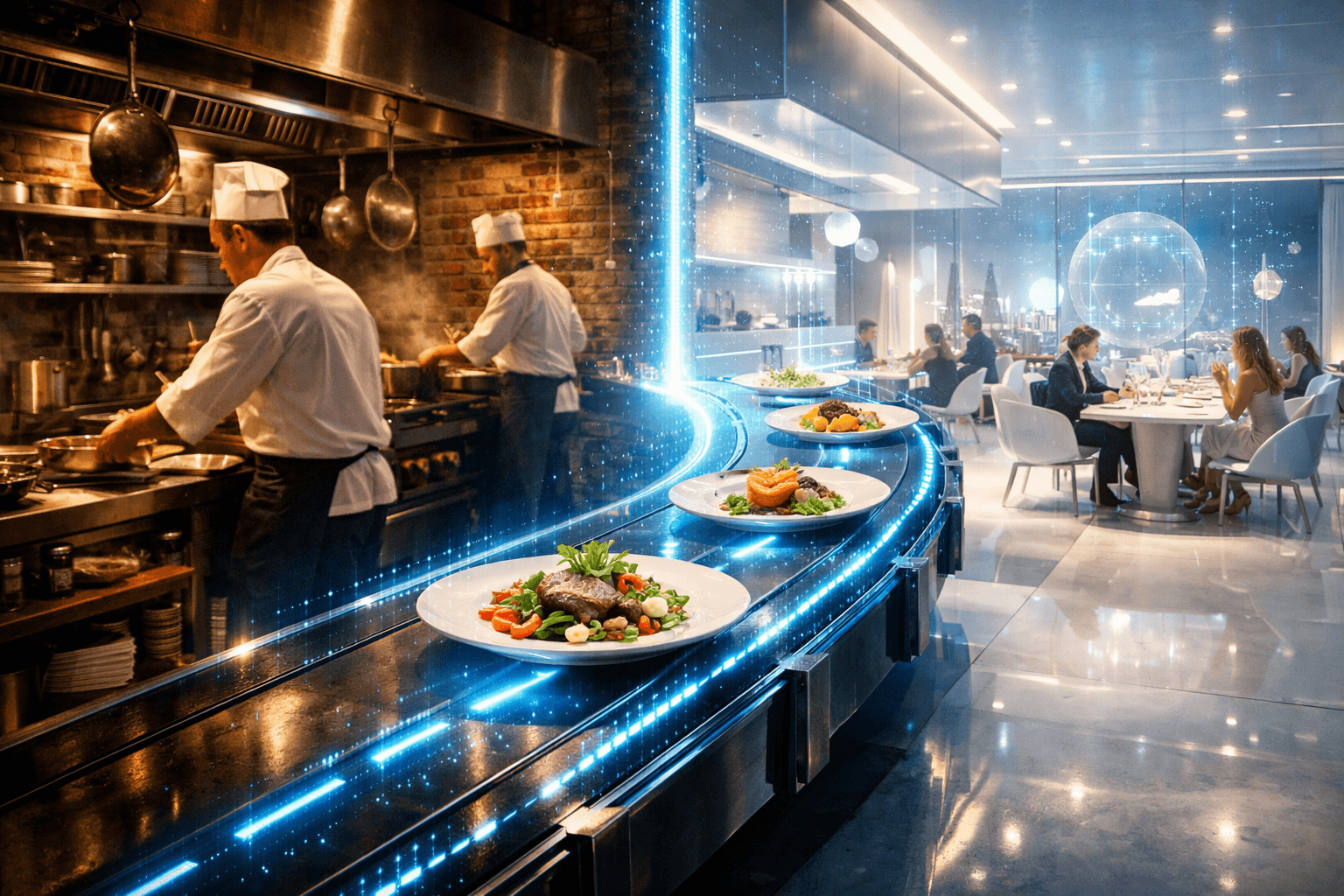 Das Headless-Prinzip: Backend und Frontend elegant entkoppeln Ein geteiltes Bild: Links eine rustikale, beschäftigte Restaurantküche, rechts ein hochmoderner, minimalistischer Speisesaal, verbunden durch ein leuchtendes High-Tech-Förderband.