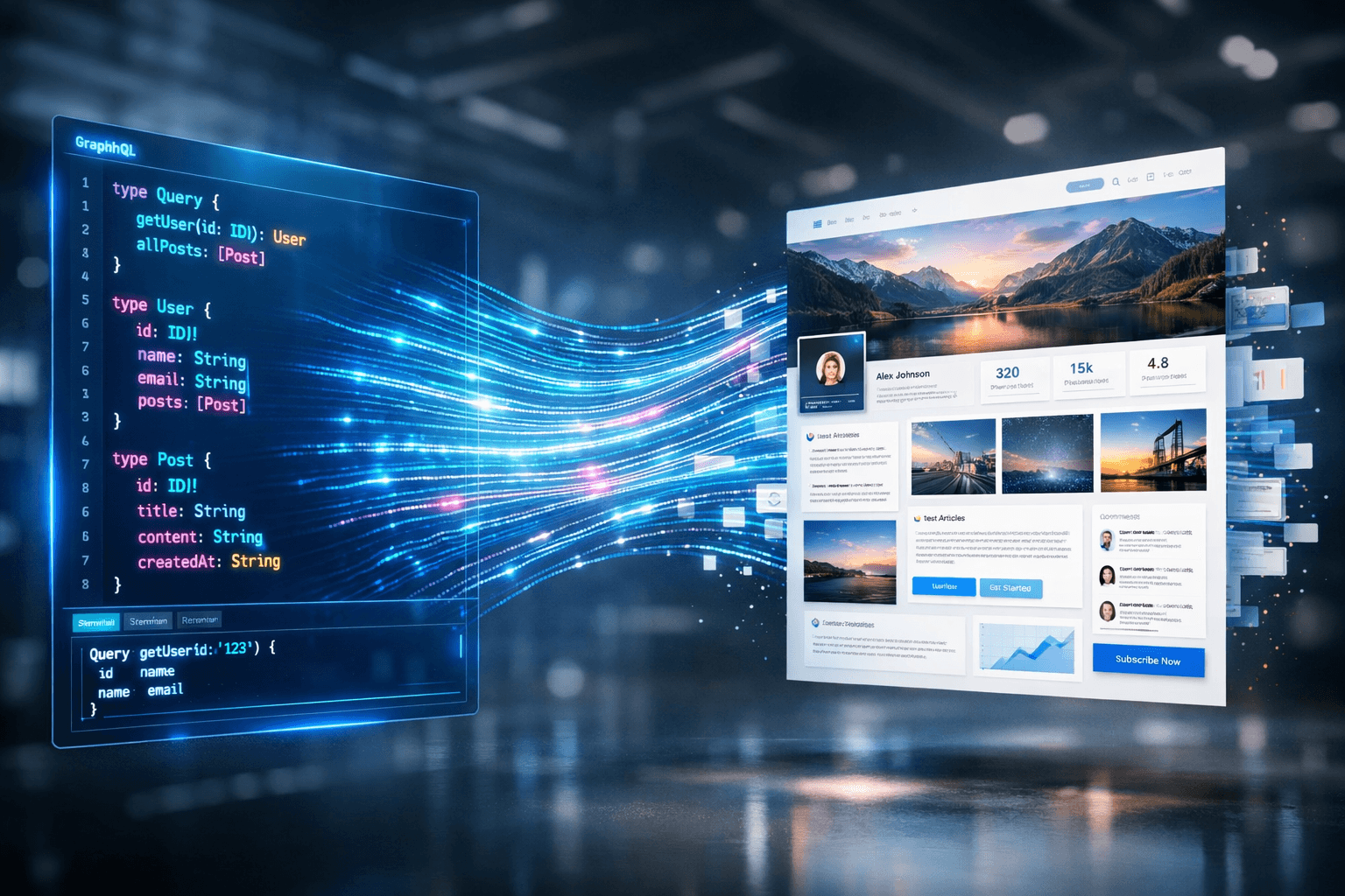 Von GraphQL zu HTML: Die saubere Trennung von Logik und Design Ein leuchtender Code-Editor, aus dem strukturierte Datenströme direkt in eine visuell beeindruckende, schwebende Benutzeroberfläche fließen.