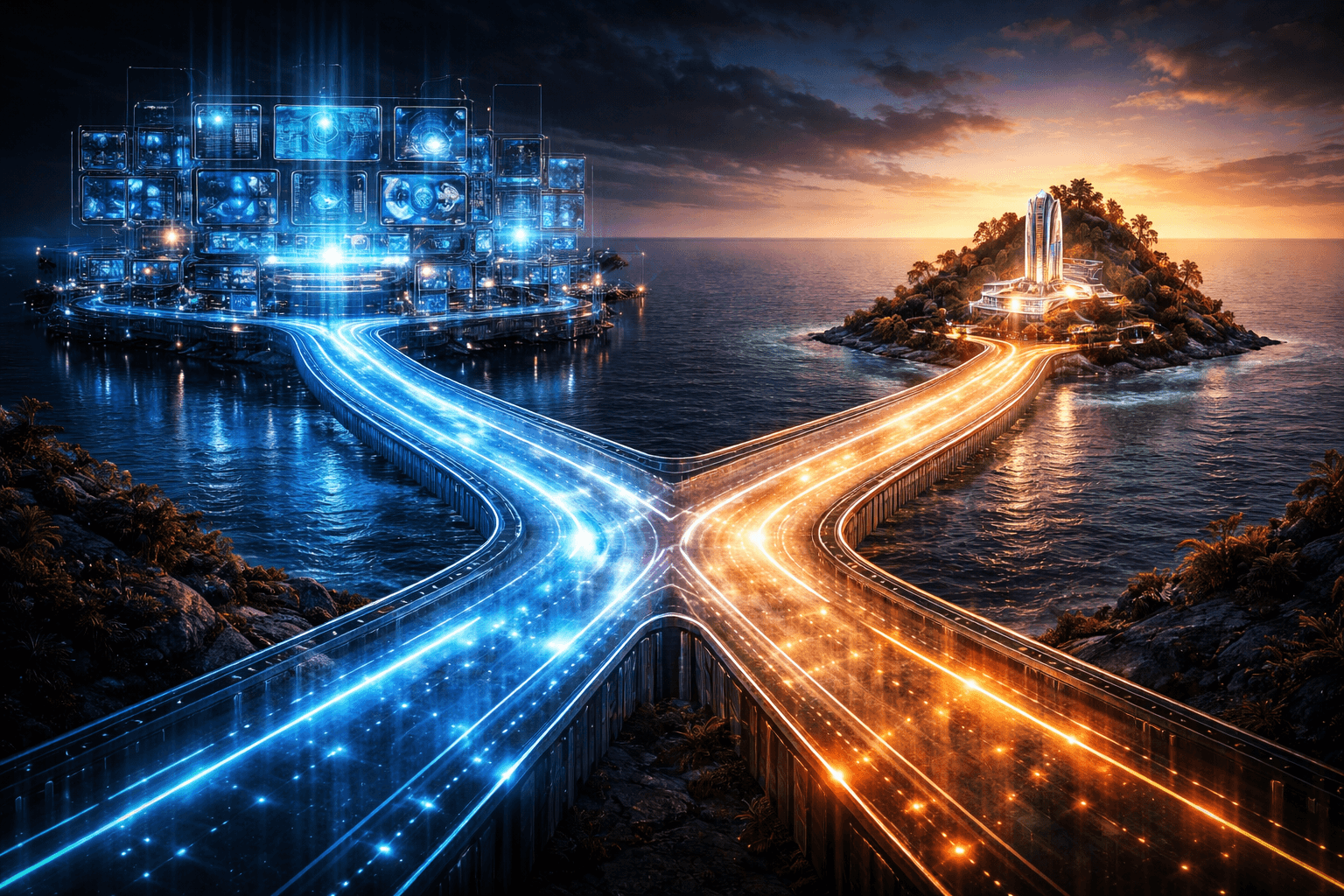 Inertia oder Astro: Die richtige Architektur für deinen Use Case Eine leuchtende Daten-Weggabelung, bei der ein Pfad zu einem Kontrollzentrum und der andere zu einer schwebenden Insel führt.