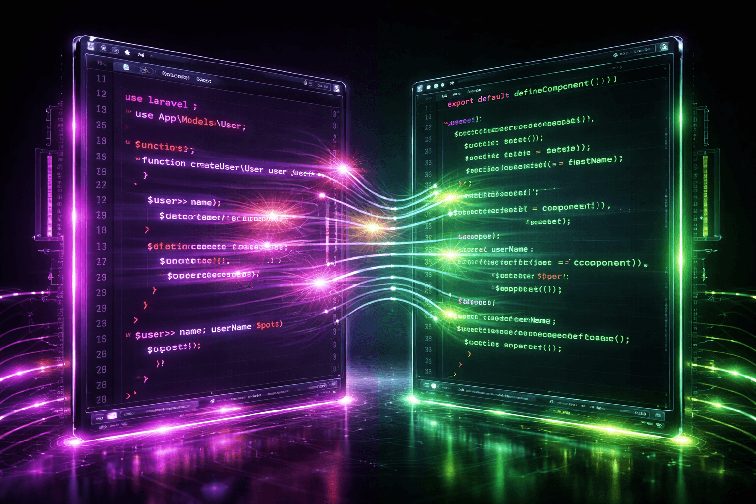 Perfekte Symbiose: PHP-Controller und Vue-Frontend Ein geteilter Bildschirm, der auf der einen Seite PHP-Code und auf der anderen JavaScript-Code zeigt, die durch leuchtende Datenfäden perfekt synchronisiert werden.