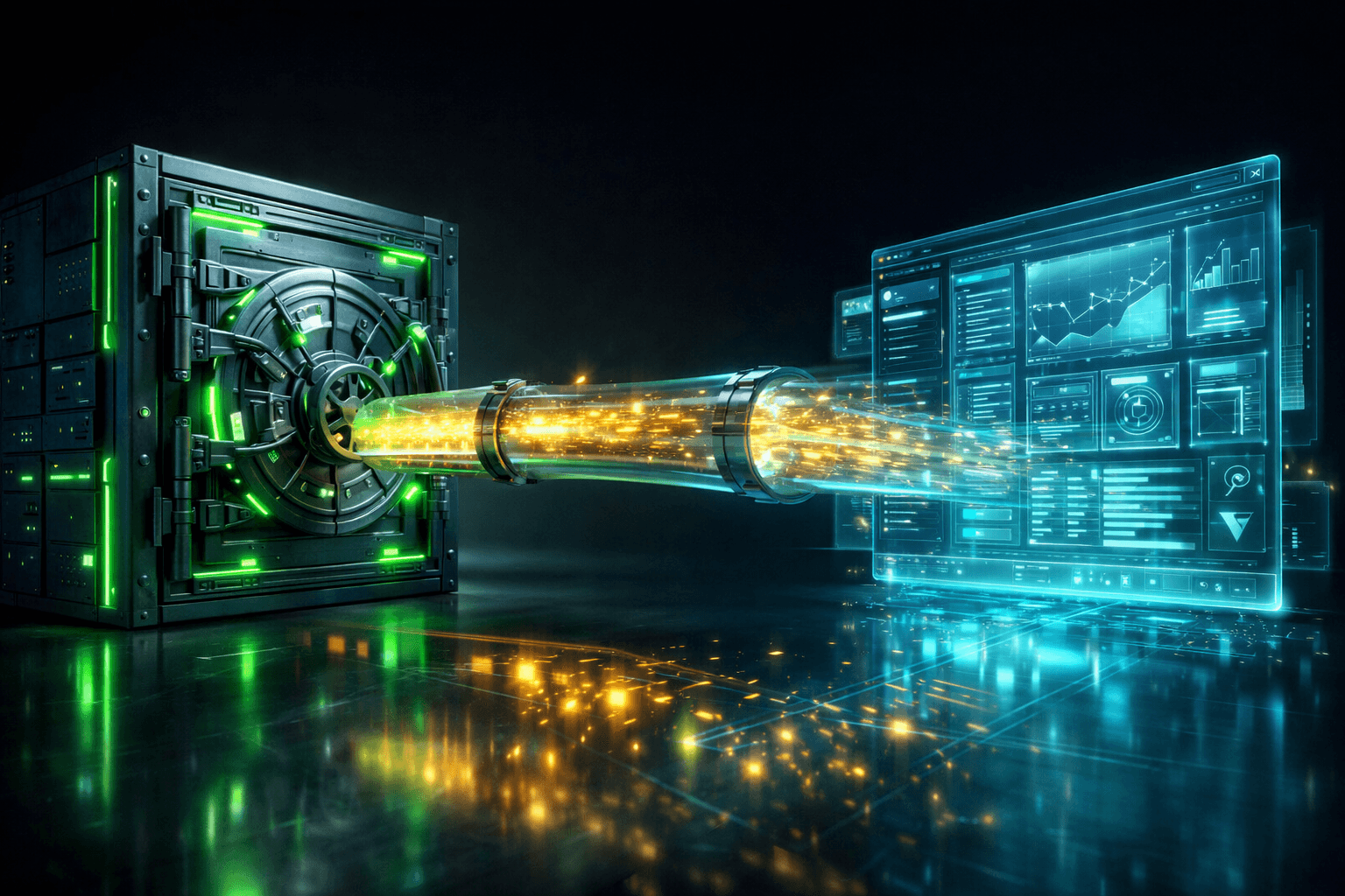 Inertia.js: Der direkte Datenkanal zwischen Backend und Frontend Eine transparente, leuchtende Röhre, die goldene Datenpakete direkt von einem massiven Server-Tresor in eine schwebende, moderne Benutzeroberfläche saugt.