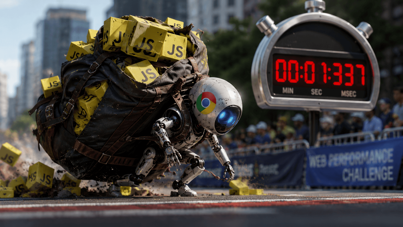 Ein Roboter wird von einem schweren Rucksack voller JavaScript-Code erdrückt und am Laufen gehindert.