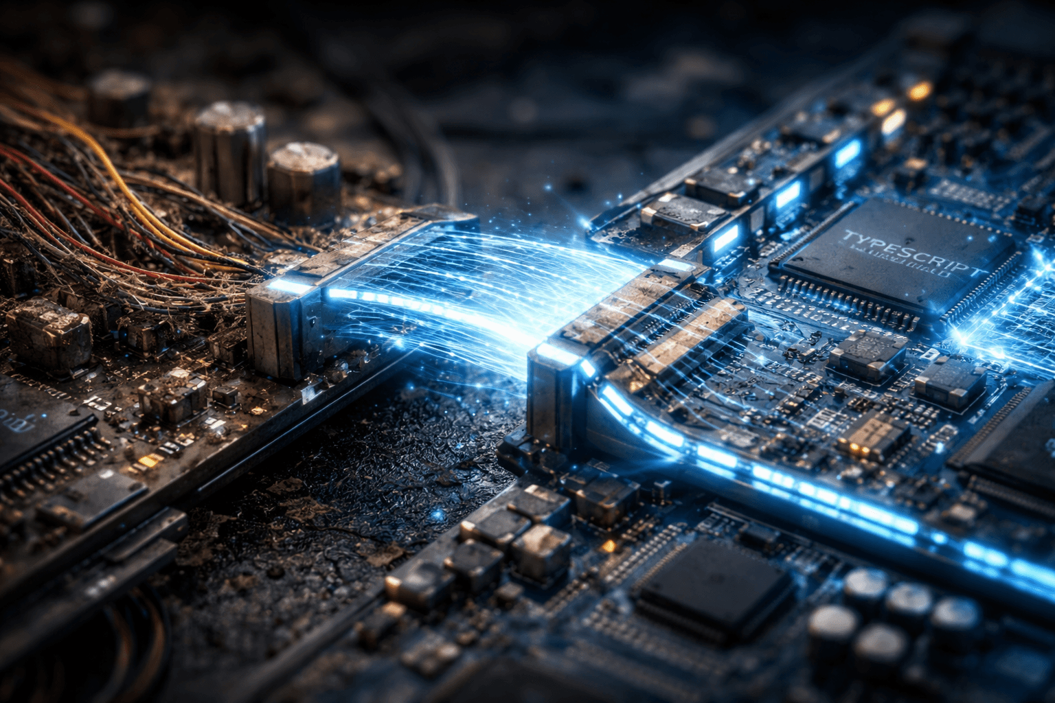 Der nahtlose und sichere Übergang von JavaScript zu TypeScript Eine leuchtende Hightech-Brücke verbindet eine alte, staubige Platine mit einer modernen