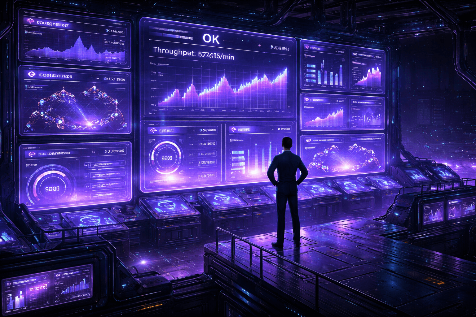 Volle Kontrolle mit Laravel Horizon Eine futuristische Kommandozentrale überwacht die Laravel Queues in Echtzeit.