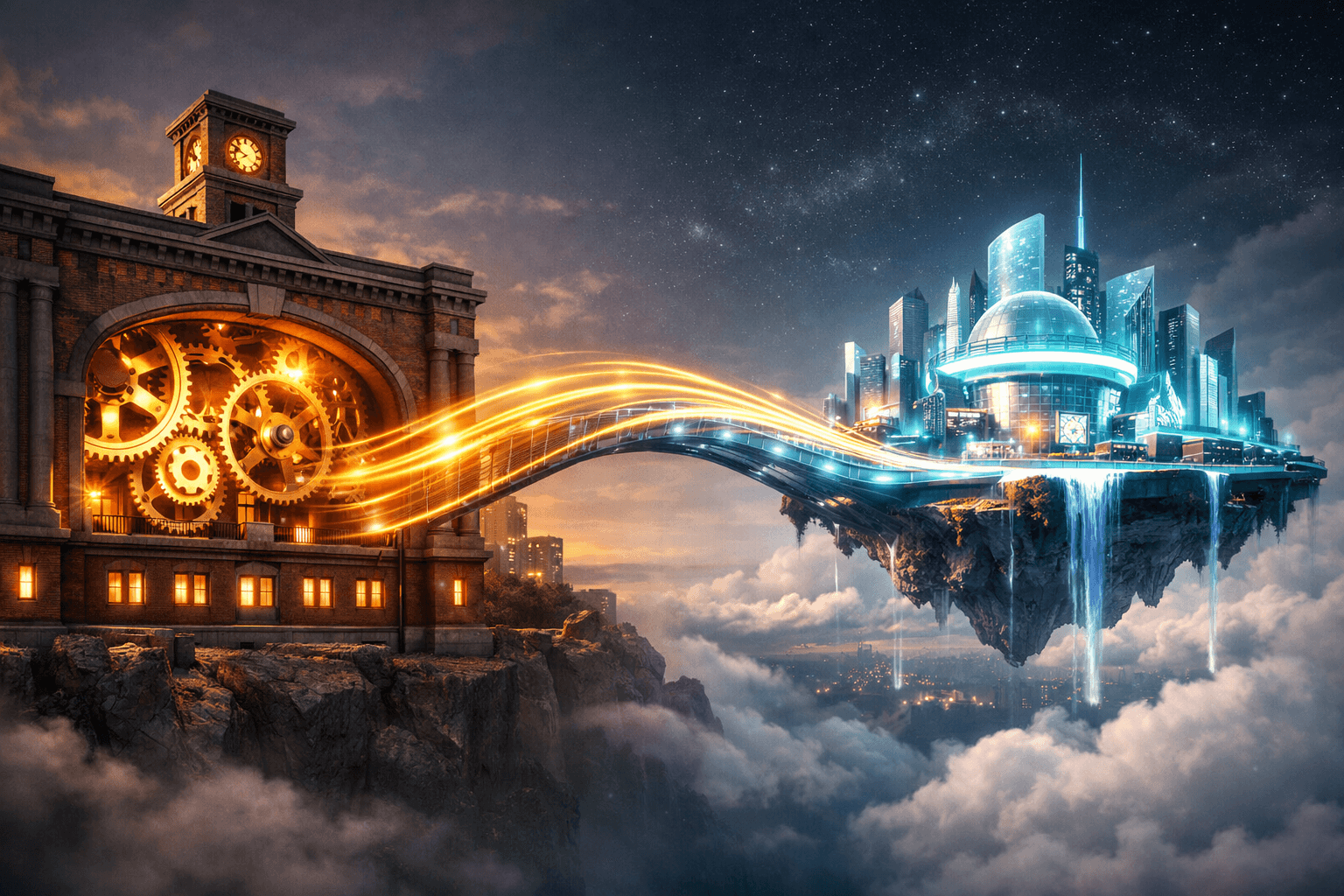 Die nahtlose Brücke zwischen PHP-Backend und modernem JavaScript Eine leuchtende, futuristische Brücke verbindet ein klassisches, solides Fabrikgebäude aus Backstein mit einer schwebenden, modernen Hightech-Insel.