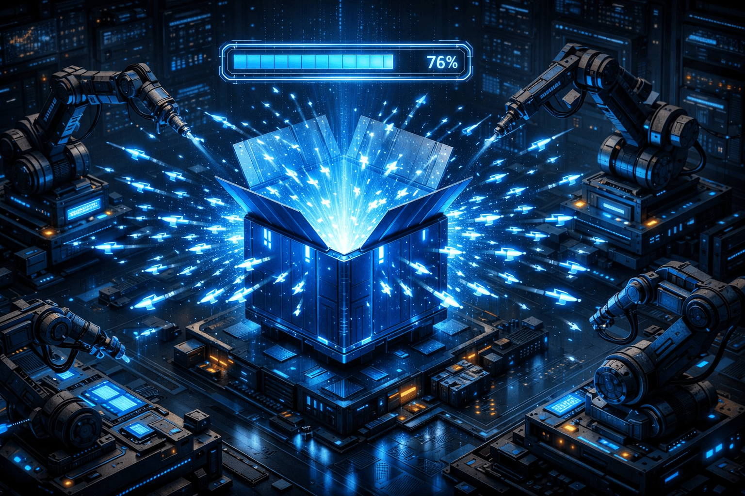 Parallele Stapelverarbeitung mit Laravel Batches Ein gigantischer Batch-Container entlässt hunderte kleine Drohnen zur parallelen Verarbeitung.