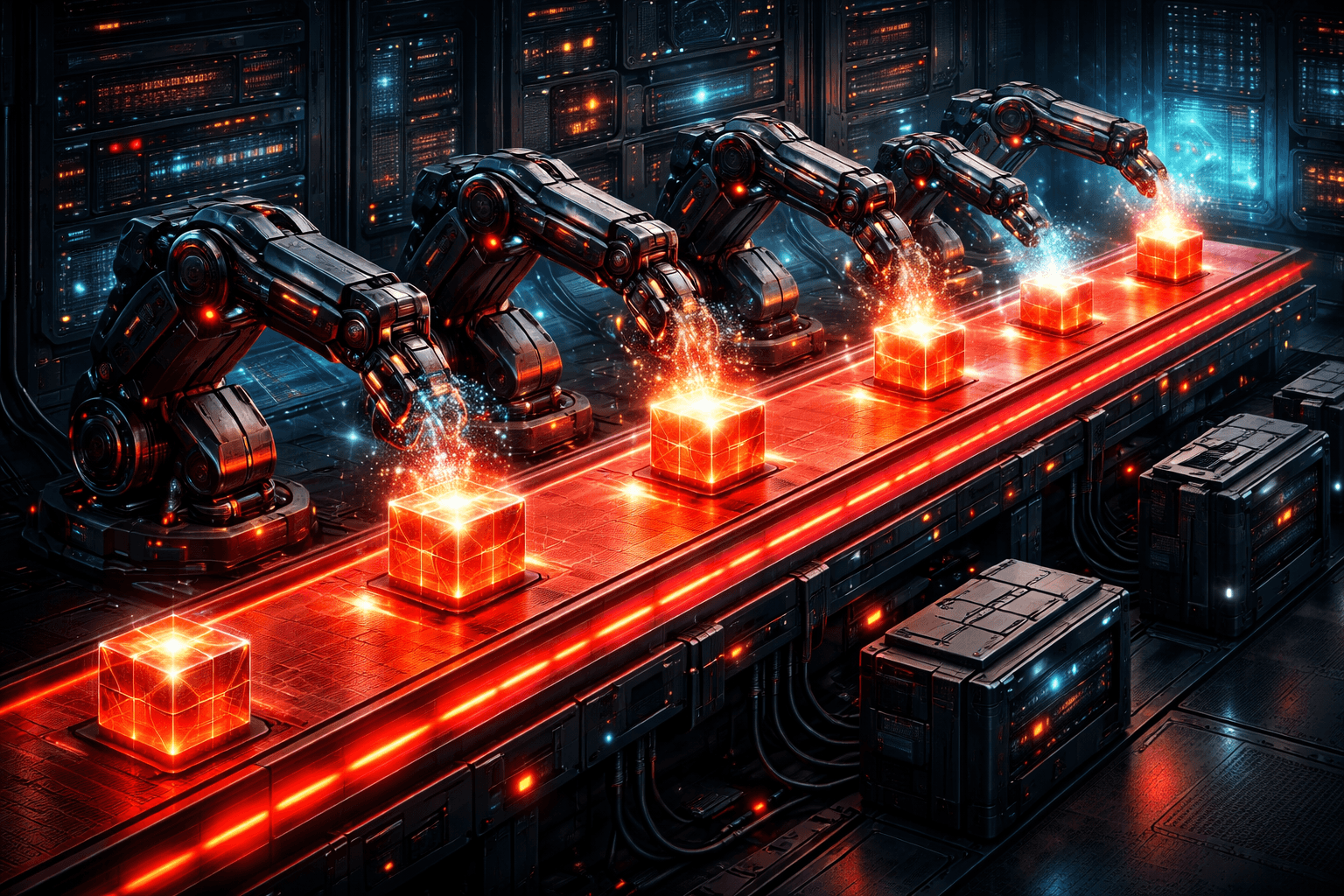 Die Redis-Warteschlange in Aktion Roboterarme verarbeiten Datenwürfel von einem roten Redis-Förderband.