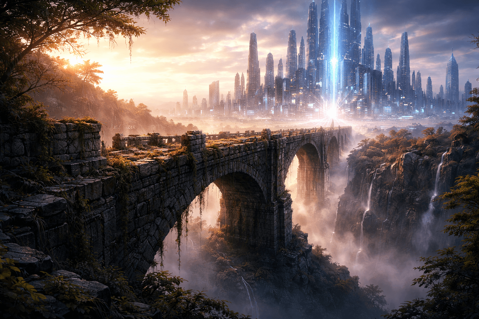 Leitfaden zur Migration von Vanilla React zu modernen SSR Frameworks Eine alte, zerbröckelnde Brücke, die zu einer leuchtenden, futuristischen High-Tech-Stadt führt.