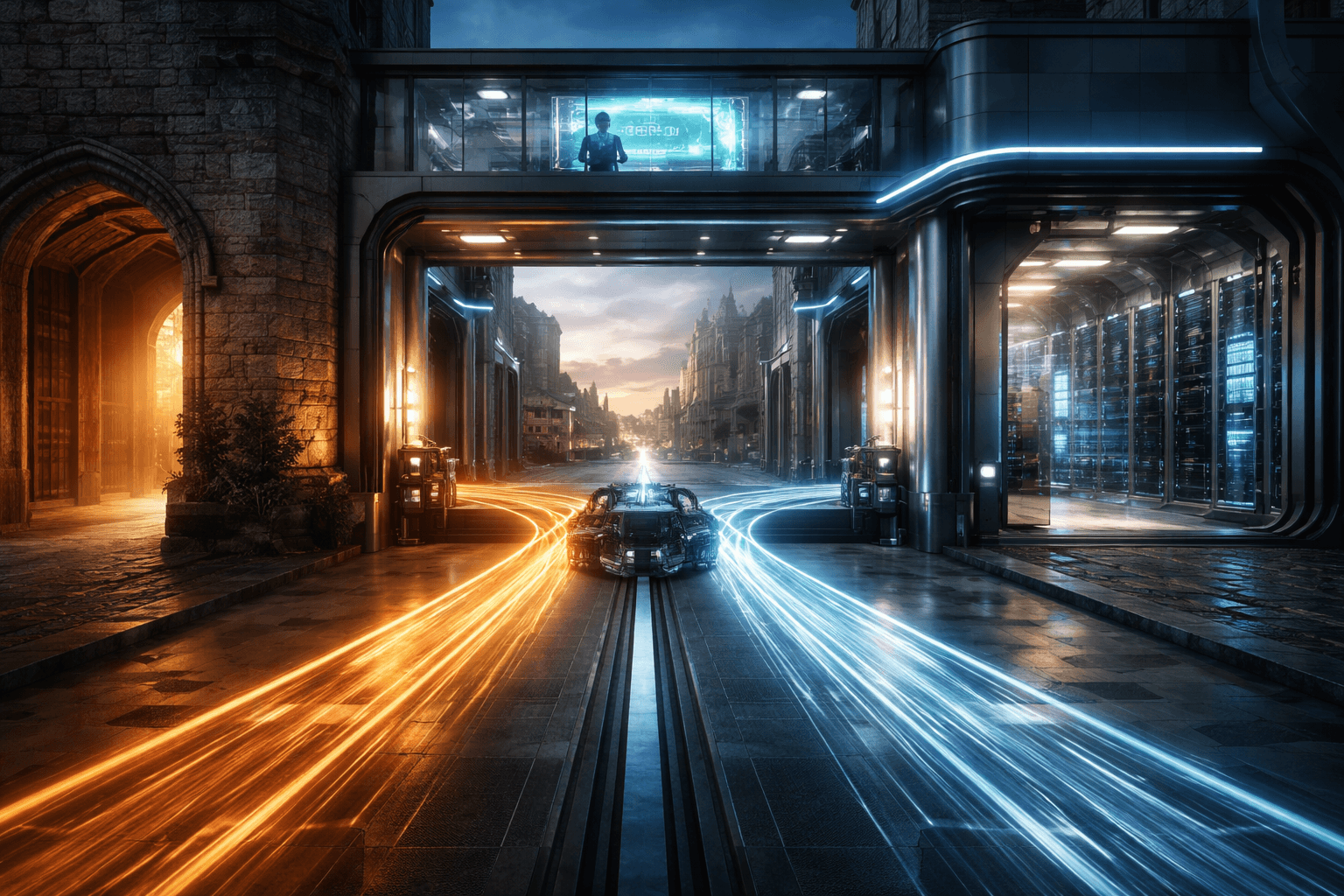 Teil 9: Veröffentlichung ohne Risiko – Den neuen und alten Code gleichzeitig verwalten Photorealistische Darstellung einer sophistizierten Verkehrssperre an einem historischen Tor, wo parallele Ströme von warmem und kühlem Licht präzise durch eine antike Steinstruktur und eine moderne Glaskontrollstation gelenkt werden