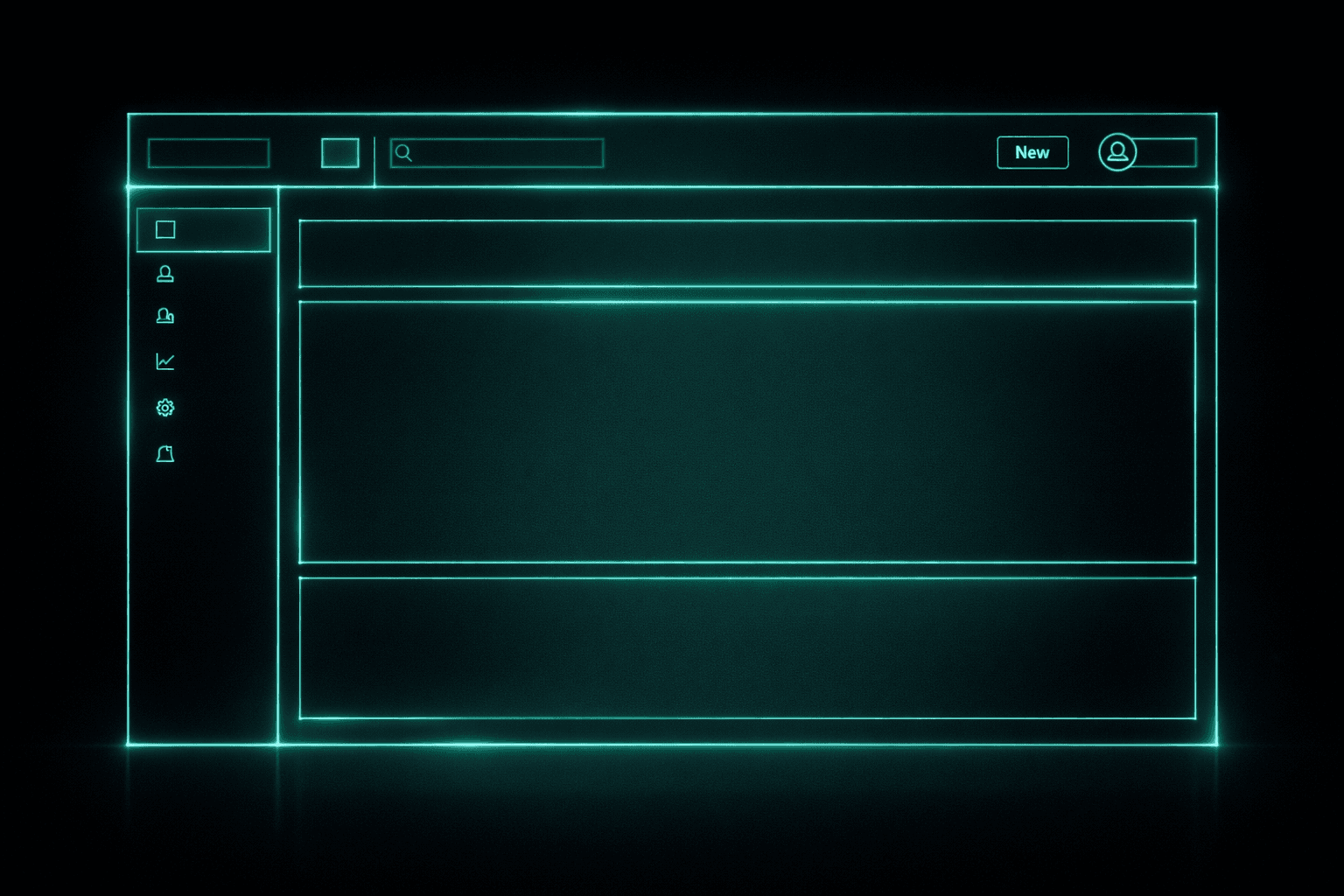 Das Grundlayout unseres Admin Dashboards Wireframe eines modernen Admin Dashboards mit Sidebar und Header im Dark-Mode.