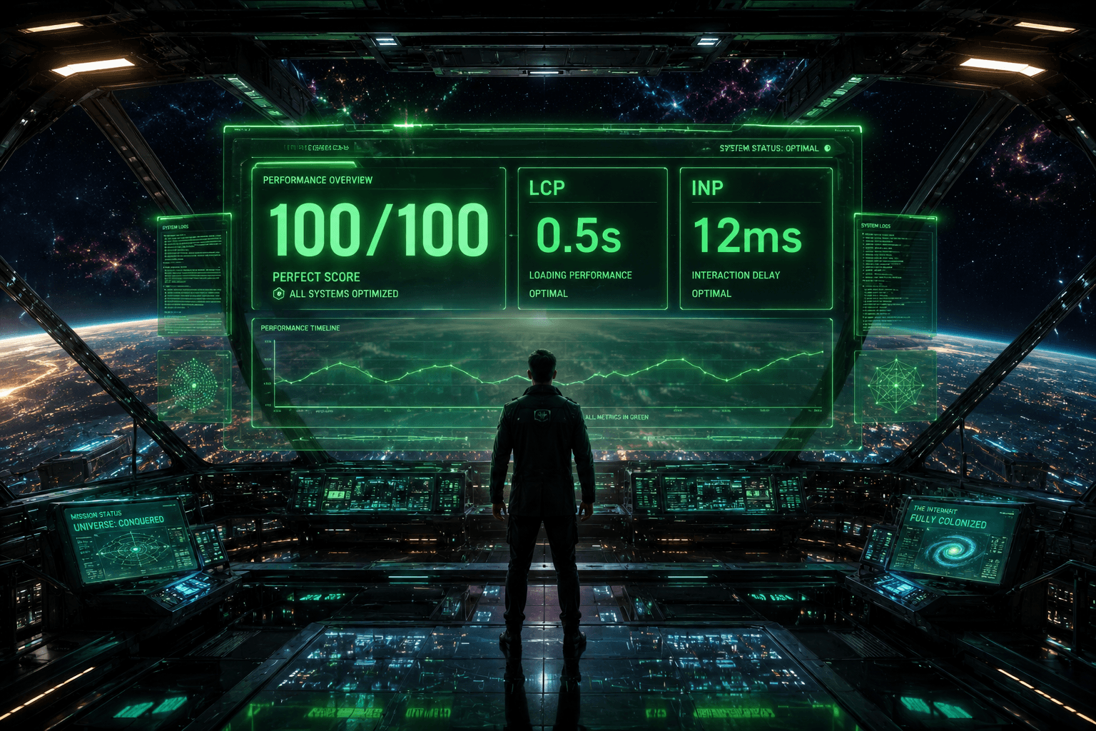 Ein Entwickler blickt triumphierend auf ein Dashboard mit perfekten 100/100 Core Web Vitals Scores.