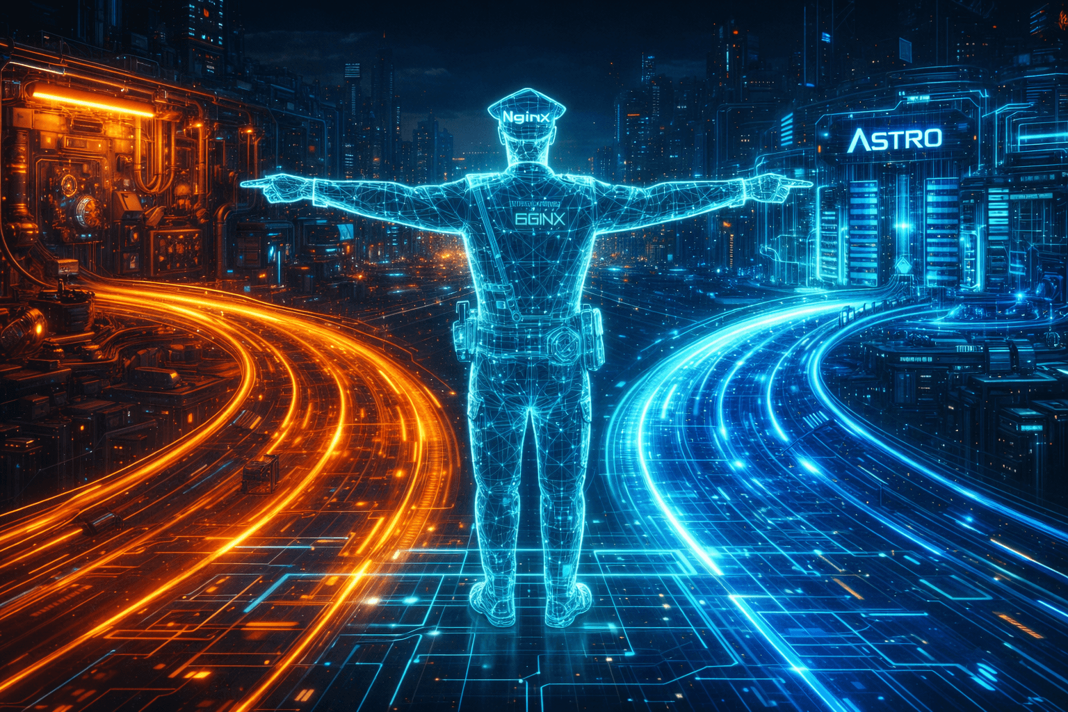 Nginx als intelligenter Router für Micro-Frontends Ein futuristischer Verkehrspolizist in einer Cyber-Metropole, der leuchtende Datenströme auf verschiedene Datenautobahnen lenkt.