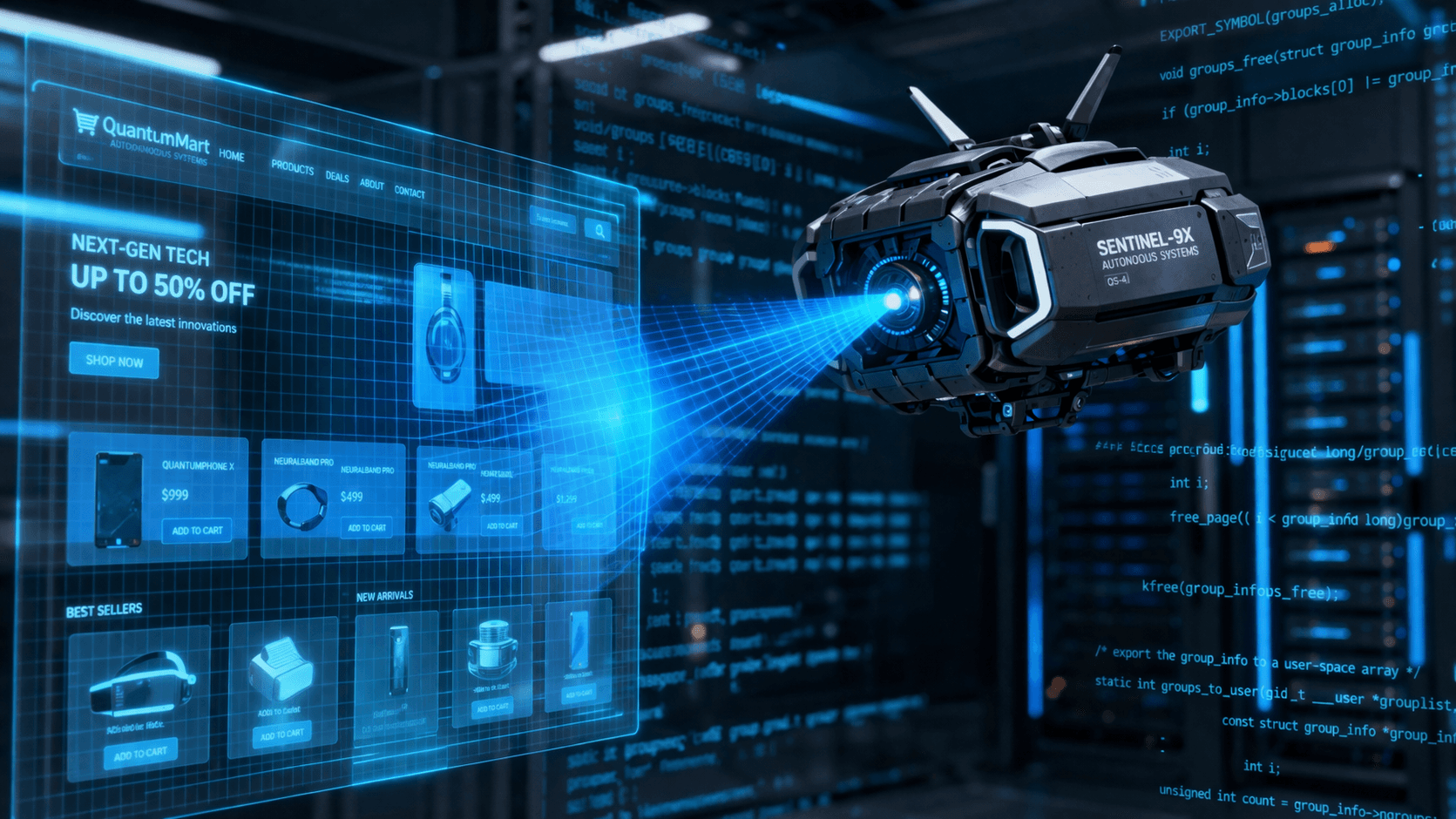 Playwright Visual Regression Testing einrichten Kamera-Drohne scannt eine Webseite präzise mit einem Laser ab