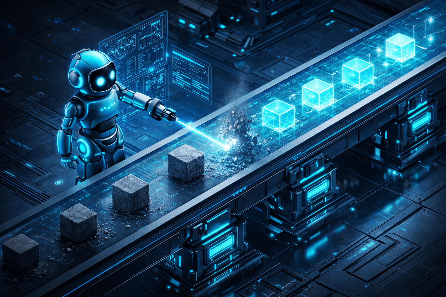 PostCSS und PurgeCSS filtern ungenutzten CSS-Code heraus Ein futuristischer Roboter sortiert an einem Fließband graue Code-Blöcke aus und lässt nur leuchtende Kristalle passieren.