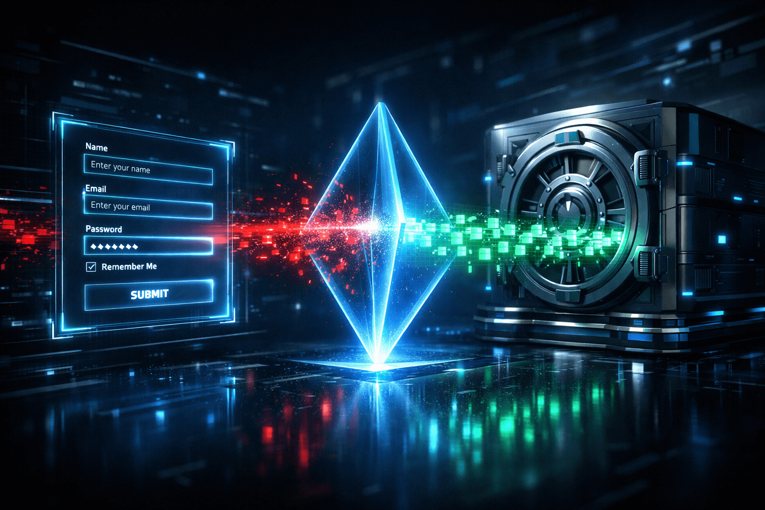 Sichere CRUD-Operationen mit Zod und React Hook Form Ein holografisches Formular validiert Datenströme mit React Hook Form und Zod.