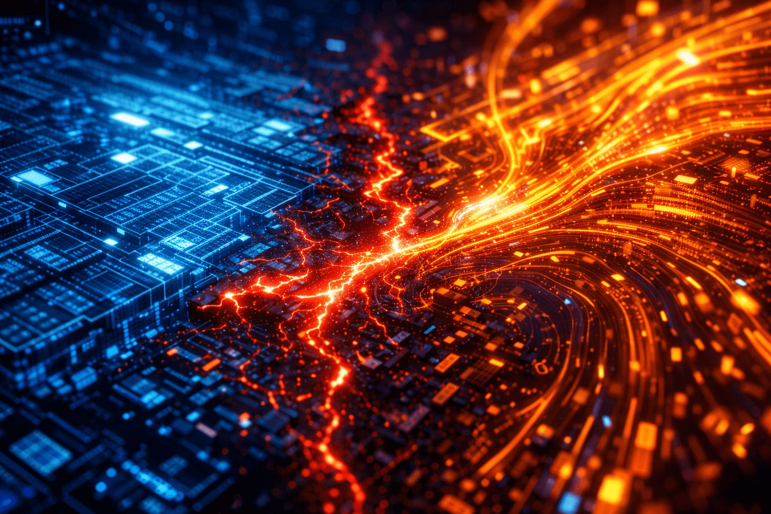SSR vs CSR: Die Tücken der Hydration Ein geteilter Bildschirm, bei dem links kalter, starrer Server-Code (Blau) versucht, sich mit rechts dynamischem, fließendem Browser-Code (Orange) zu synchronisieren, wobei Risse an der Nahtstelle entstehen.