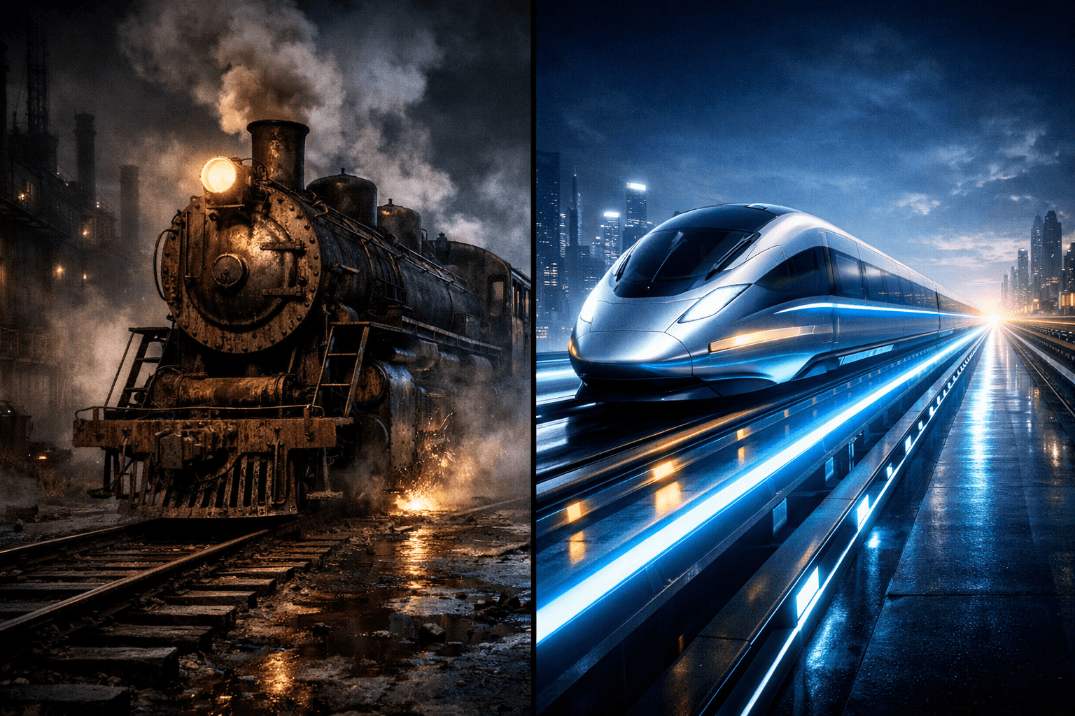 Die große React Migration: Altlasten hinter sich lassen Ein alter, verrosteter Dampfzug auf der linken Seite, der auf einer glänzenden, futuristischen Magnetschwebebahn-Schiene auf der rechten Seite weiterfährt.