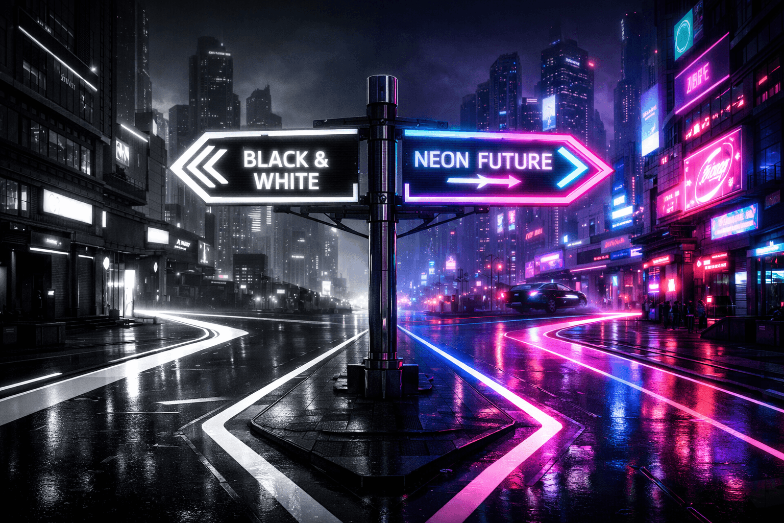 Die finale Entscheidung: Next.js oder Remix? Eine futuristische Weggabelung in einer digitalen Cyber-Stadt. Ein Weg leuchtet im typischen Next.js-Schwarz/Weiß, der andere in den Remix-Farben Blau und Pink.