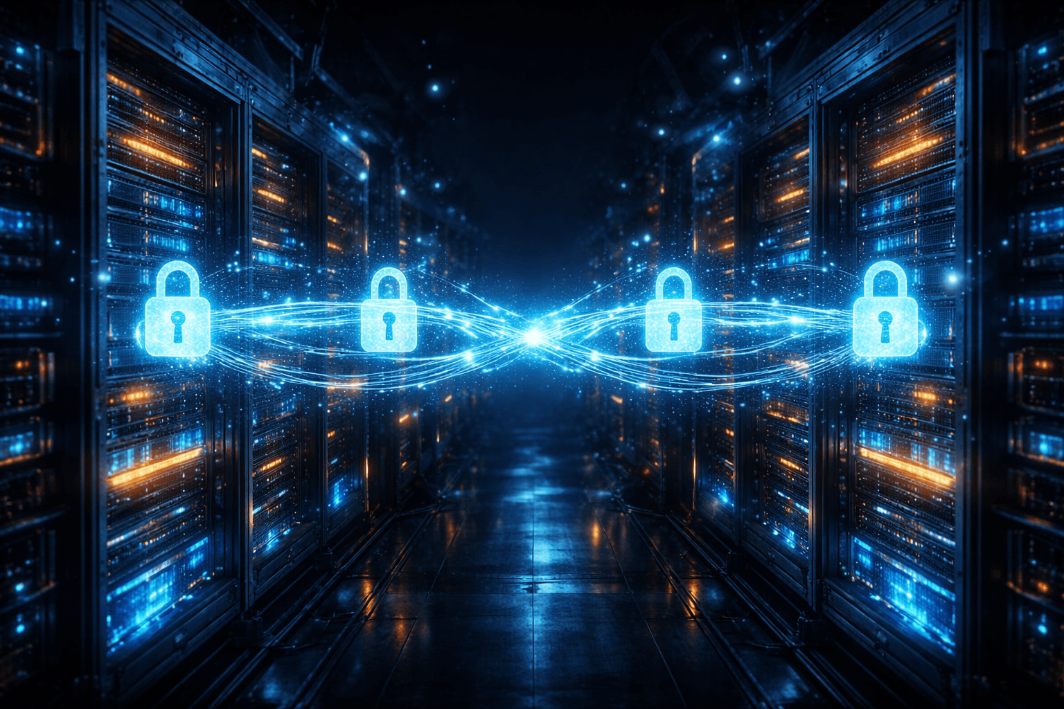 State und Auth während der Migration synchronisieren Zwei separate, leuchtende Datentresore, die über eine unsichtbare, stark verschlüsselte Brücke synchronisiert werden.