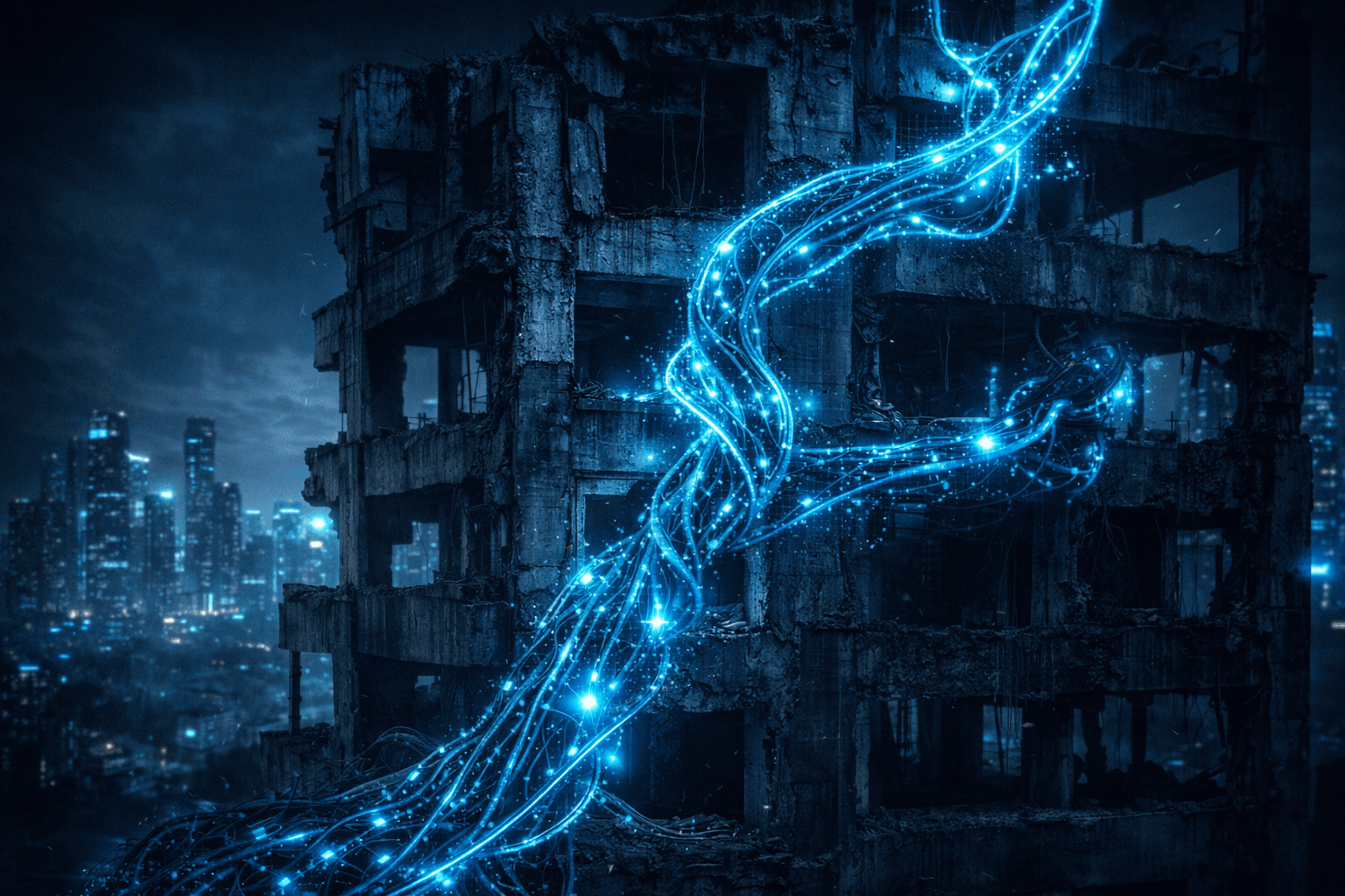 Inkrementelle React Migration: Das Strangler Fig Pattern Ein leuchtendes, futuristisches Pflanzengeflecht (Strangler Fig), das sanft ein altes, verfallendes Steingebäude umhüllt und ersetzt.