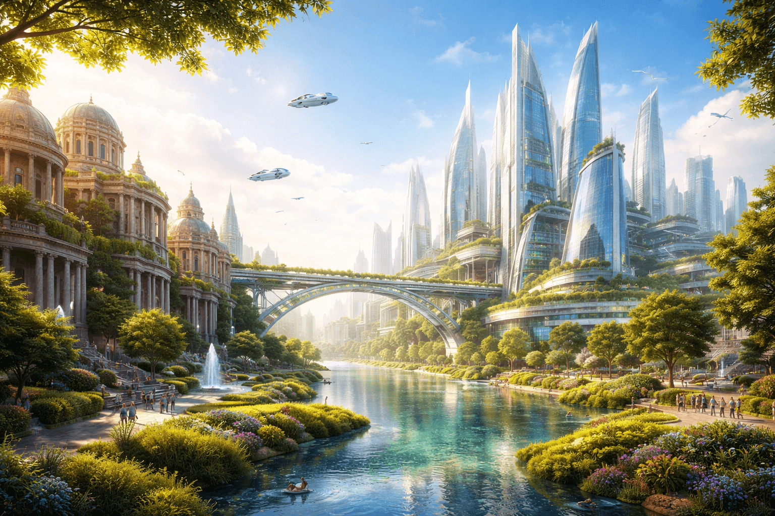 Der erfolgreiche Go-Live: Ein aufgeräumtes, zukunftssicheres Frontend Eine helle, sonnendurchflutete und aufgeräumte futuristische Stadtlandschaft, in der klassische und moderne Architektur perfekt harmonieren.