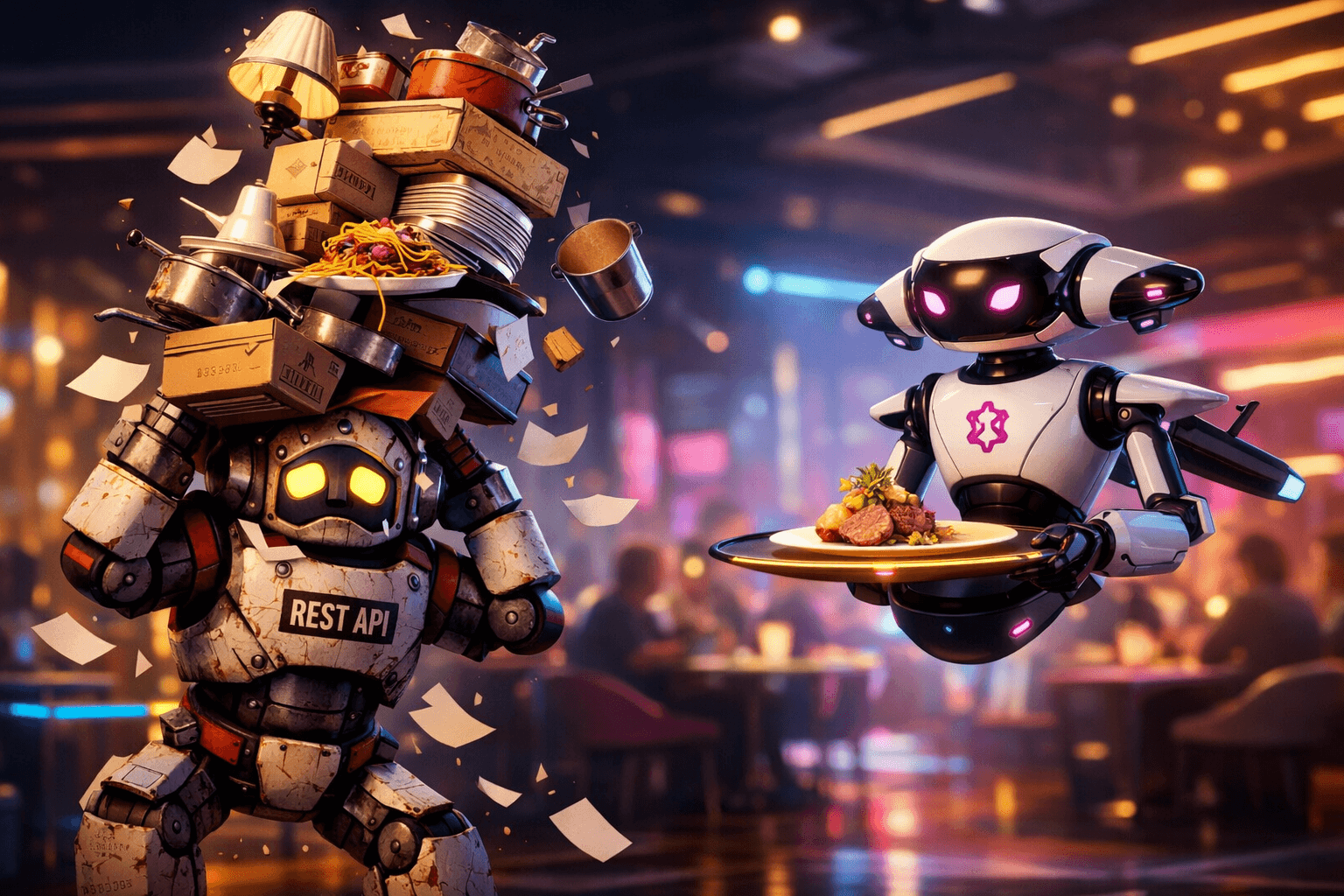 Overfetching vs. Effizienz: REST und GraphQL im direkten Vergleich Zwei Roboter-Kellner im Vergleich: Einer balanciert gestresst einen riesigen Berg an Tellern, der andere serviert entspannt ein exaktes, kleines Gericht.