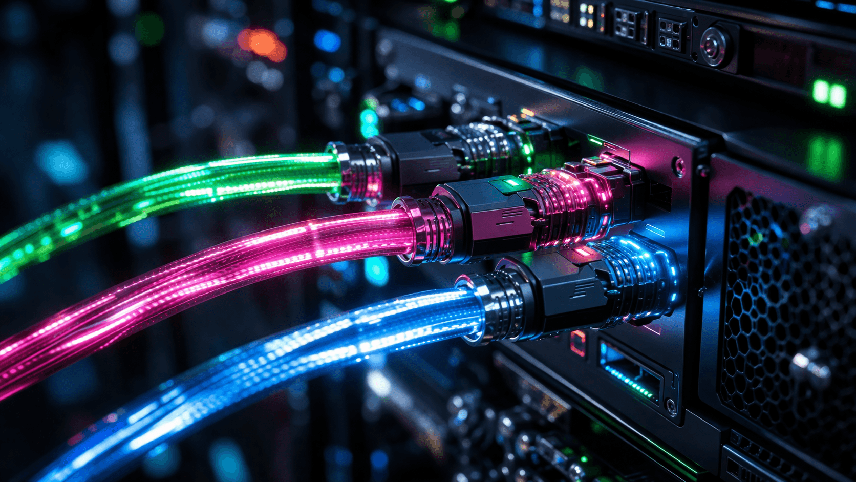 REST, GraphQL oder tRPC? Der pragmatische API-Vergleich Fotorealistische Makroaufnahme von drei leuchtenden Hochleistungs-Datenkabeln, die an eine moderne Server-Schnittstelle angeschlossen werden, als Symbol für REST, GraphQL und tRPC.