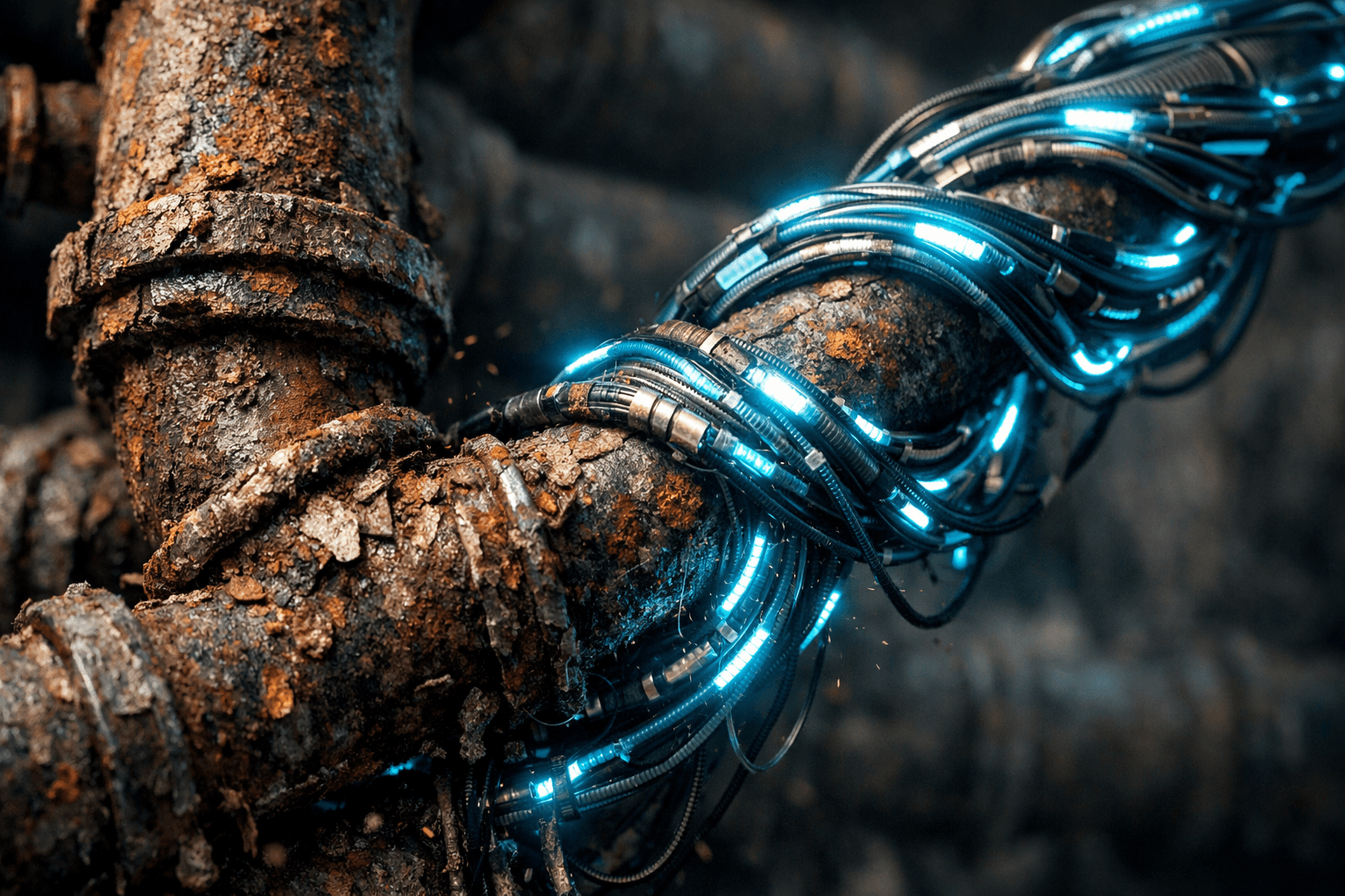 Das Strangler Fig Pattern zur schrittweisen Ersetzung von Legacy Code Eine leuchtende mechanische Ranke ersetzt ein verrostetes Rohrsystem