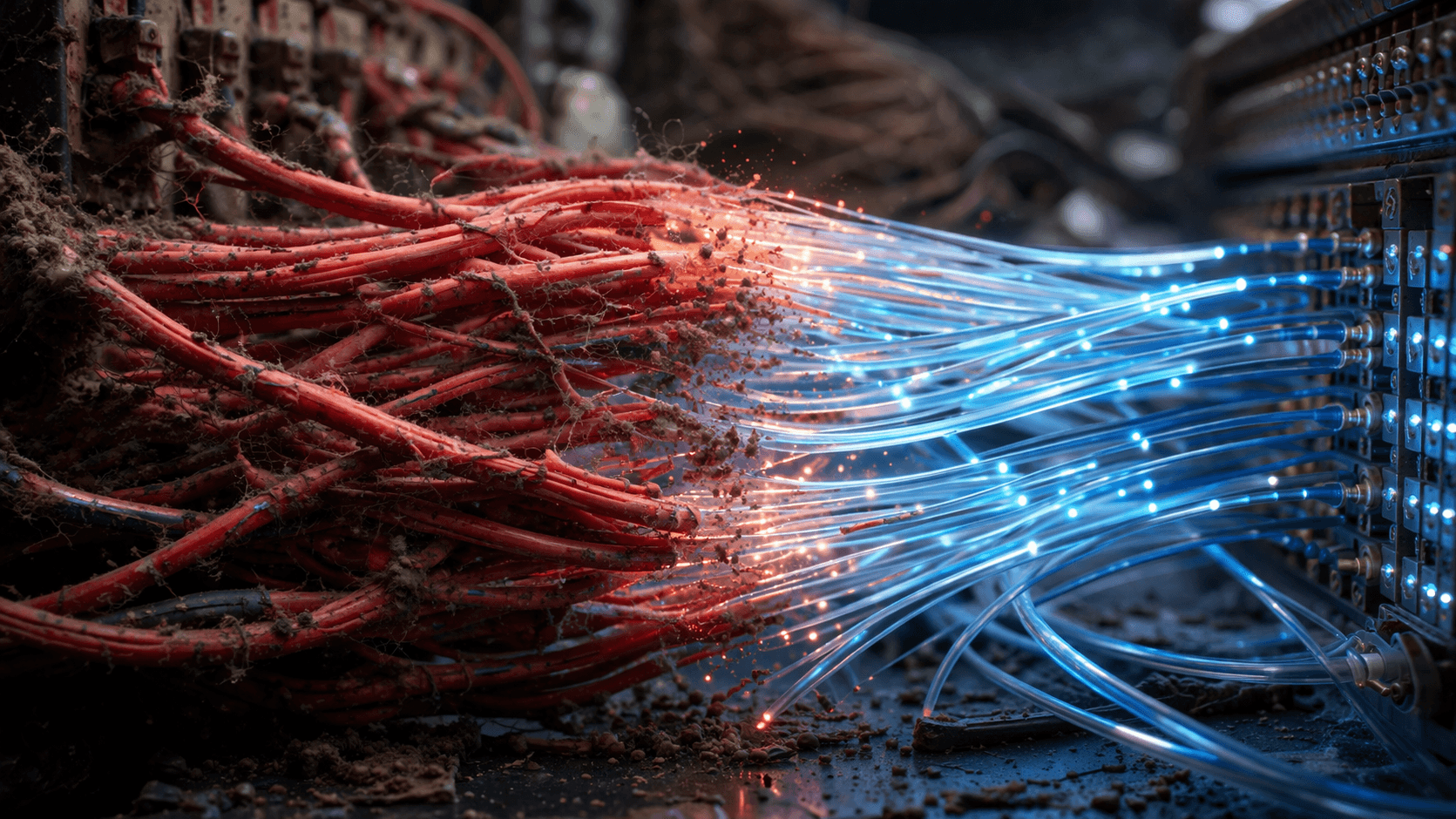 Das Chaos im alten Code systematisch bändigen Wirrwarr aus alten Kabeln wird zu geordneten, leuchtenden Glasfasern