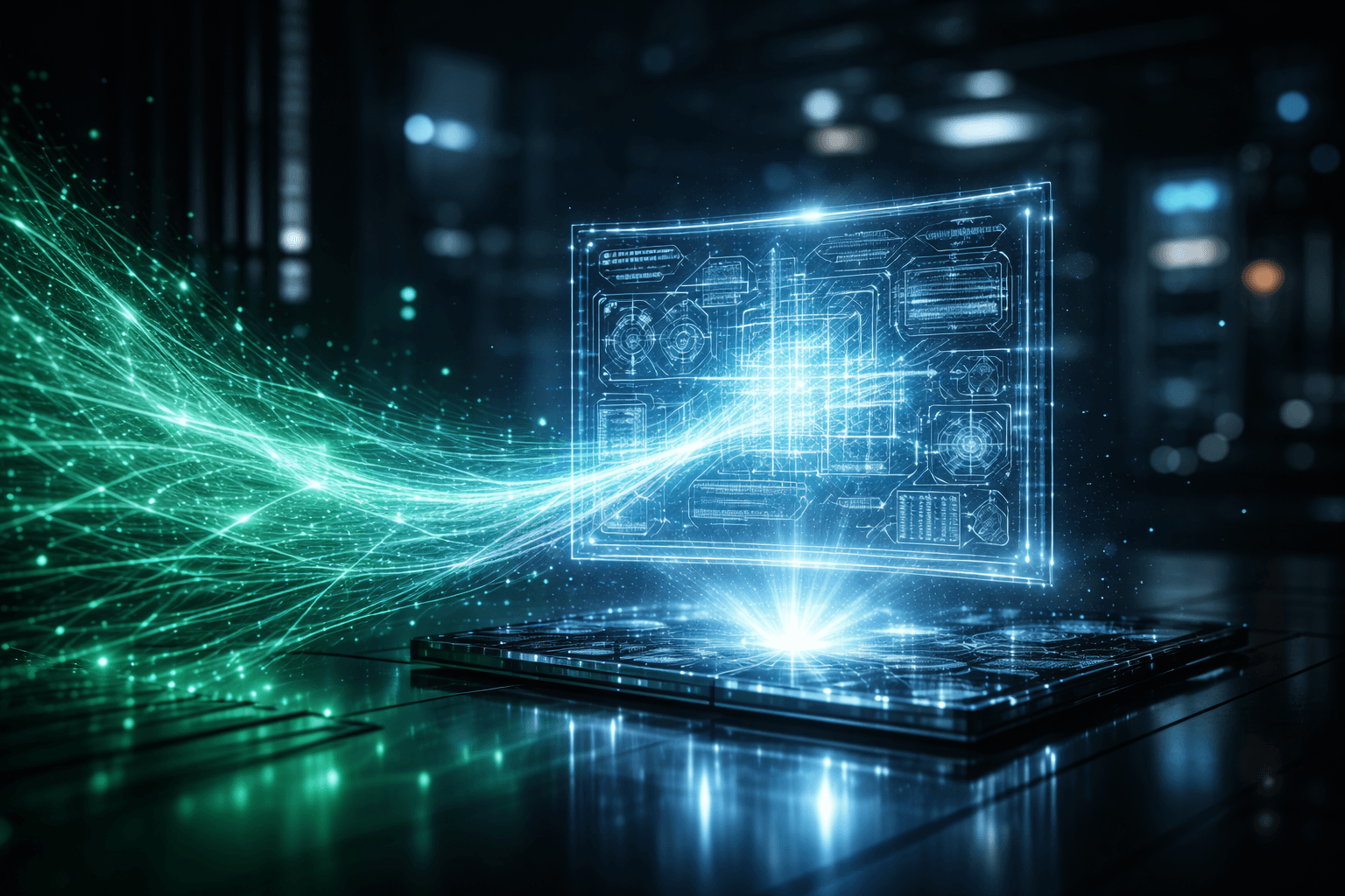 API-Dokumentation automatisieren: OpenAPI und Swagger perfekt integriert Fotorealistische Darstellung eines leuchtenden, holografischen Bauplans, der sich magisch und automatisch aus fließenden, digitalen Datenströmen zusammensetzt.