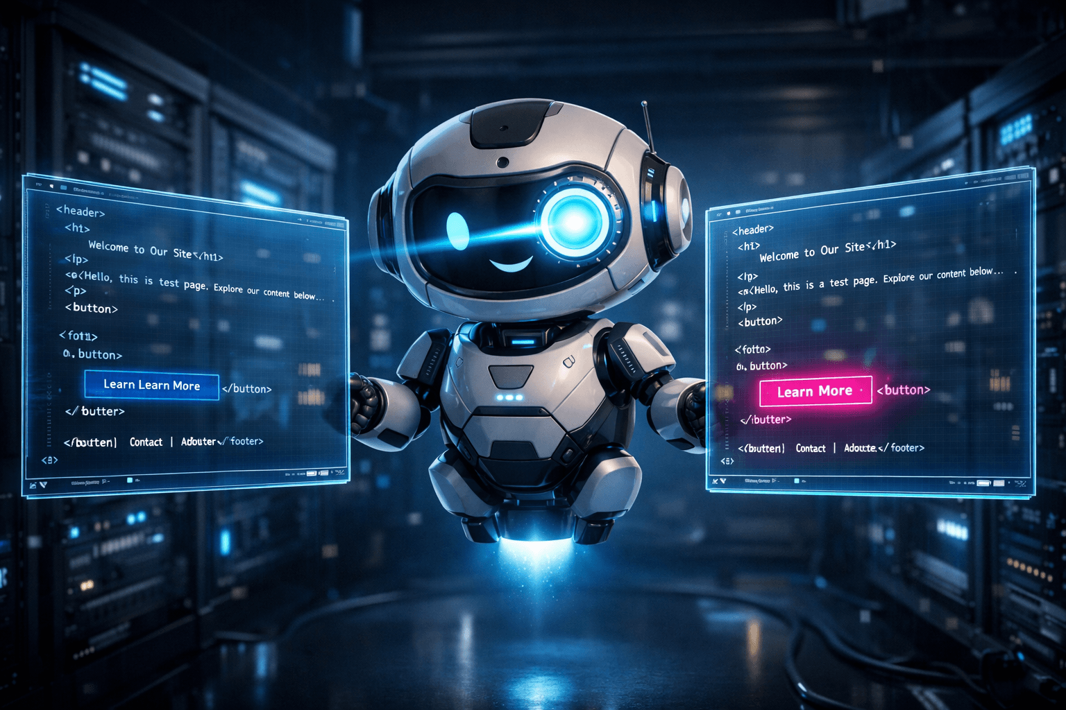 Visuelle Regressionstests: Das Layout vollautomatisch absichern Ein hochmoderner Roboter vergleicht mit einem leuchtenden Scanner zwei schwebende Webseiten und markiert einen winzigen Layout-Fehler in leuchtendem Pink.