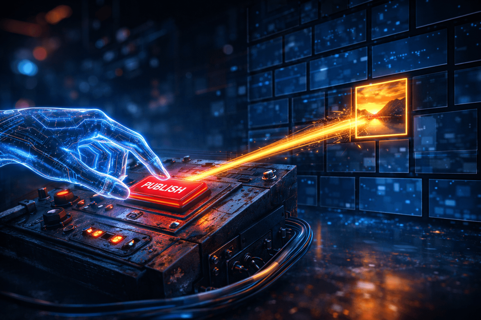 Webhooks und ISR: Aktualisierungen in Echtzeit ohne Ladezeit Ein leuchtender, digitaler Schalter, der von einer mechanischen Hand gedrückt wird und eine Welle aus goldenen Daten durch ein Netzwerk schickt.