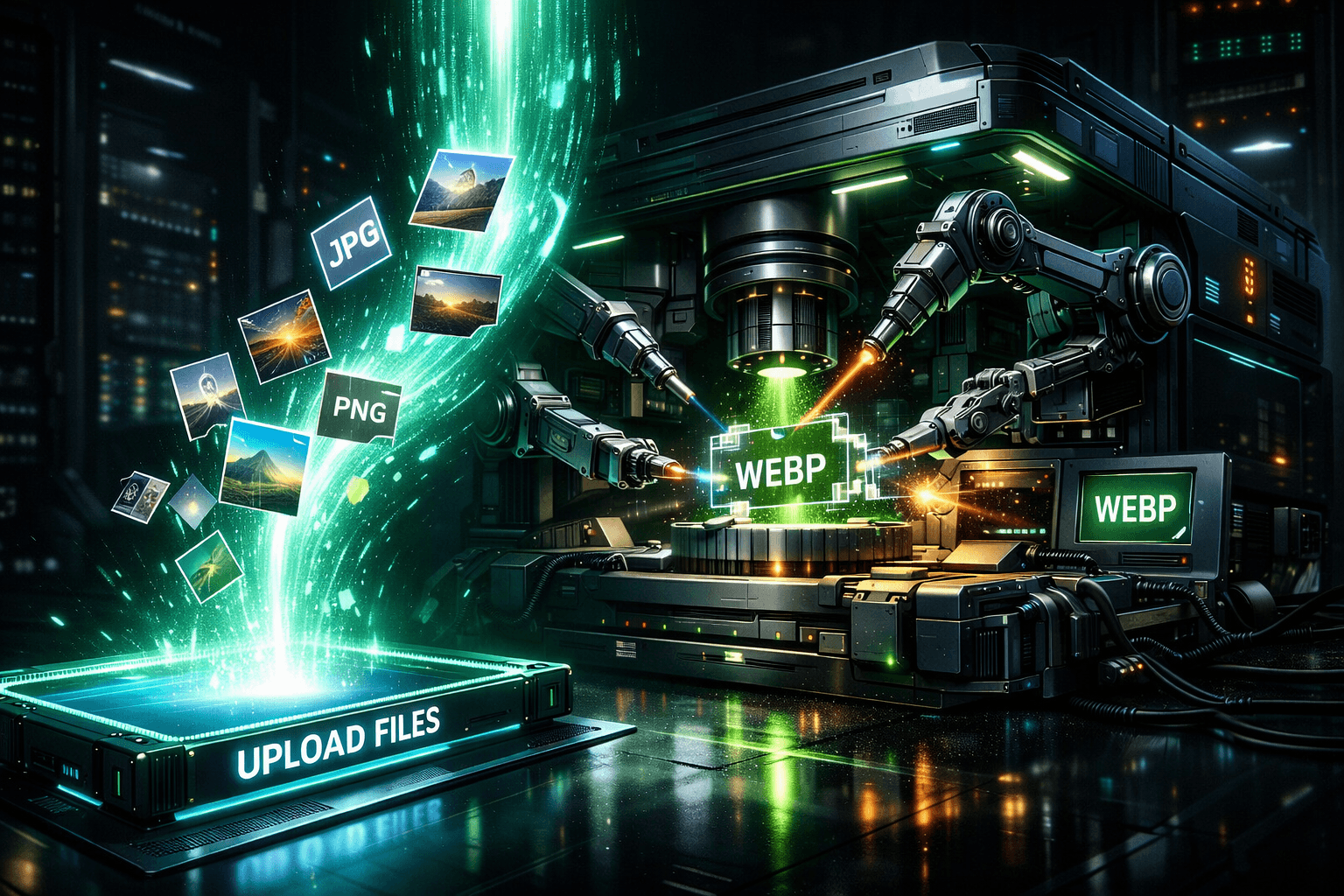 Perfektes Media-Management mit Next.js und Laravel Digitale Bilder werden über einen Datenstrahl hochgeladen und auf einem Server optimiert.