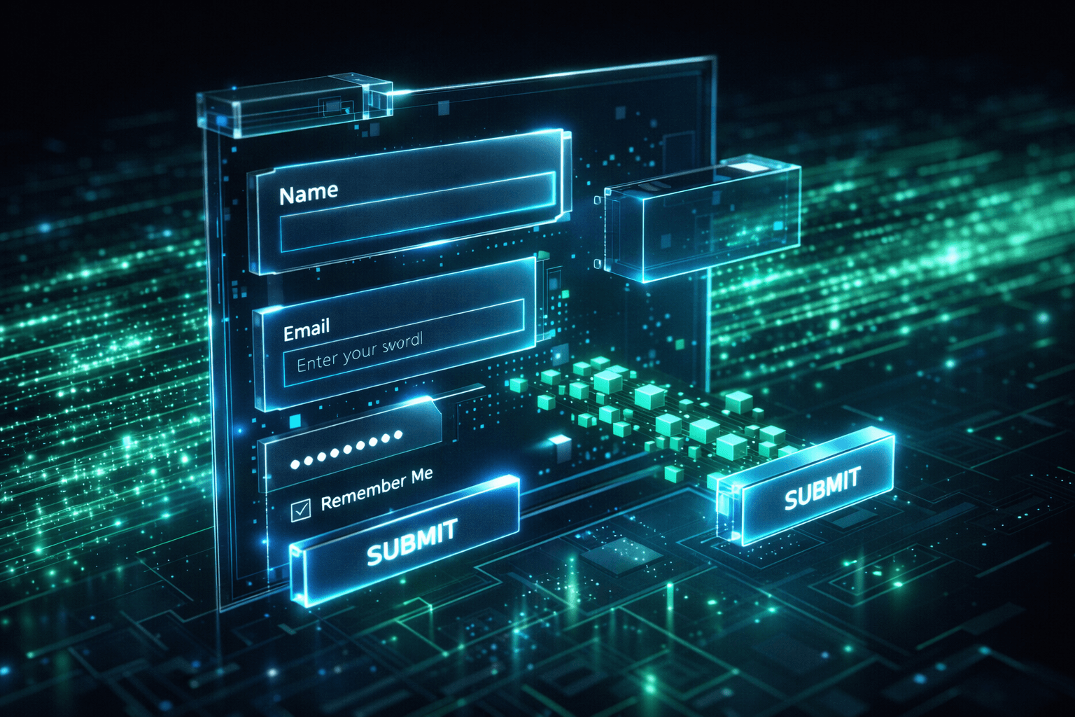Nahtlose UI-Integration mit shadcn/ui Gläserne UI-Komponenten rasten nahtlos in ein Formular-Layout ein.